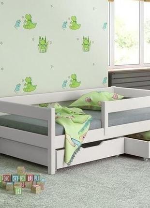 Детская деревянная  буковая кровать mix nove  белая с  защитным бортиком и ящиками2 фото