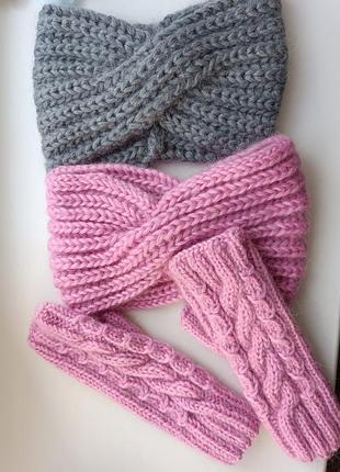 Набір пов'язка широка чалма мохерова рукавички мітенки