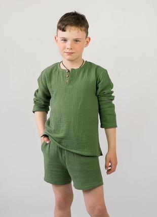 Легкий летний комплект из муслина, детский муслиновый костюм шорты и рубашка, костюм на лето муслин8 фото