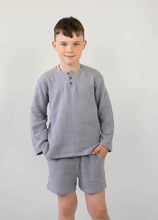 Легкий літній комплект із мусліну, дитячий мусліновий костюм шорти і сорочка, костюм на літо муслін5 фото