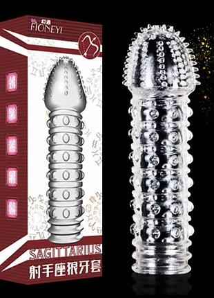 Насадка на пенис с усиками шипами с дополнительной стимуляцией коричневый