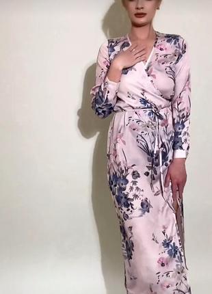 Миди платье халат, накидка на запах в цветочный принт