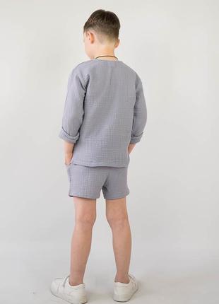 Легкий літній бавовняний комплект із мусліну, мусліновий костюм дитячий шорти і сорочка3 фото