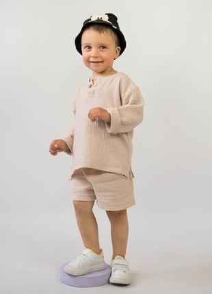 Легкий літній бавовняний комплект із мусліну, мусліновий костюм дитячий шорти і сорочка6 фото