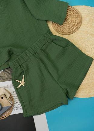 Легкий літній бавовняний комплект із мусліну, мусліновий костюм дитячий шорти і сорочка9 фото