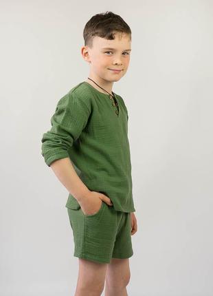 Легкий літній комплект із мусліну для хлопчиків, мусліновий костюм шорти і сорочка6 фото