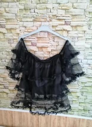 Шикарна блуза рюші прозора сітка відкриті плечі волани