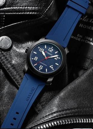 Кварцевые часы curren 8454 black-blue, мужские, металлические, с каучуковым ремешком, d c
