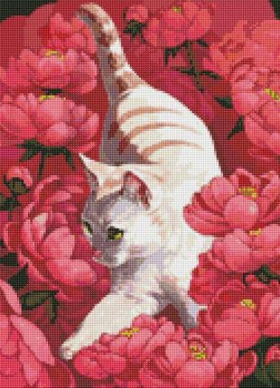 Алмазна мозаїка на підрамнику котик в пионах ©kira corporal ідейка 40х50 см amo7258