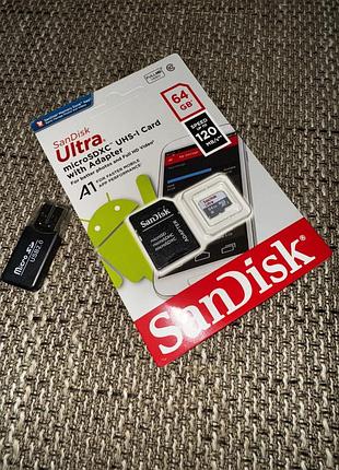 Micro sd 64 гб карта,флешка+ usb адаптер,переходник.картридер