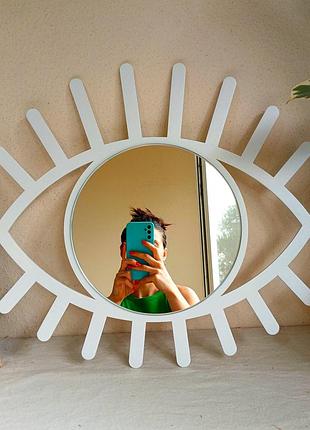 Декоративне біле дзеркало всевидяче око, дзеркало у формі ока з віями в дерев'яній рамі