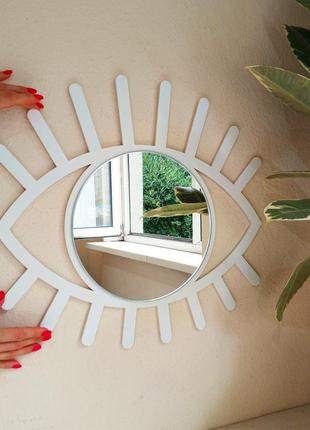 Декоративне біле дзеркало всевидяче око, дзеркало у формі ока з віями в дерев'яній рамі