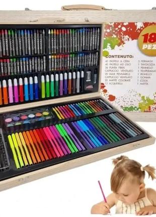 Дитячий набір для малювання на art set 180 предметів у дерев'яній валізі