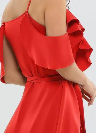 Красное платье на запах с воланами, софт, повседневный4 фото