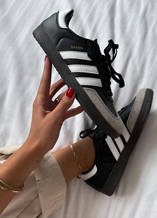 Женские кроссовки в стиле adidas samba black grey адидас самба черные с серым кожа демисезон