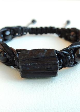 Браслет из черного турмалина плетеный + кристалл d 10мм