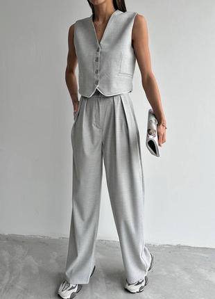 Льняной костюм стильная жилетка на пуговицах +прямые брюки идеальная посадка4 фото