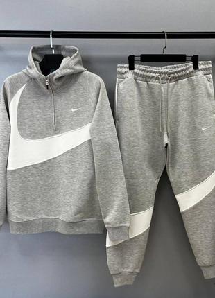 Чоловічий спортивний костюм nike big swoosh на осінь у сіро-білому кольорі premium якості, стильна та зручна модель