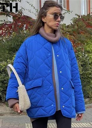 Синяя стеганая куртка оверсайз zara- xs/s/m. пальто стьобане коротке