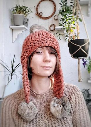 Шапка с ушками, ручная работа, крупная повязка. меринос с люрексом