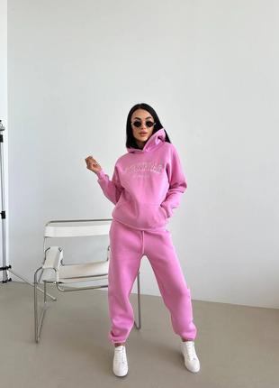 ‼️не кошлатиться‼️теплый костюм на флисе трехнить пенье с вышивкой, утепленный спортивный костюм с капюшоном, костюм с джоггерами на зиму, 880