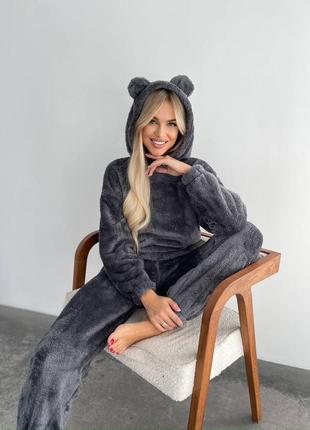 Затишна махрова піжама з вушками тедді 🐻 піжама махра худі з капюшоном кенгуру+ джоггери, жіноча зимова тепла піжама/ 1564