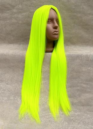Ярко зеленый неоновая перука с длинными волосами