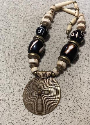 Колье латунь кость винтаж этно ожерелье натуральный камень