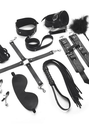 Набір bdsm art of sex – set leather, 10 предметів, чорний, натуральна шкіра