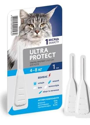 Краплі на холку palladium ultra protect від паразитів для кішок вагою від 4 до 8 кг, 1 піпетка
