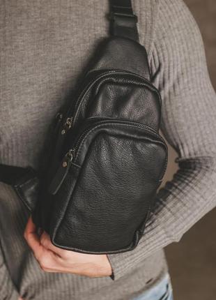 Мужская черная кожаная сумка слинг из натуральной кожи, сумка через плечо