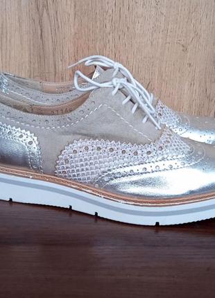 Кожаные туфли, деми Оксфорды женские, броги серые с белым, весна осень, р. 372 фото