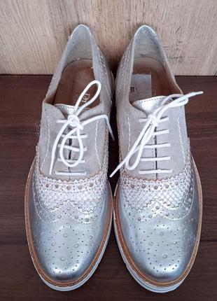 Кожаные туфли, деми Оксфорды женские, броги серые с белым, весна осень, р. 373 фото