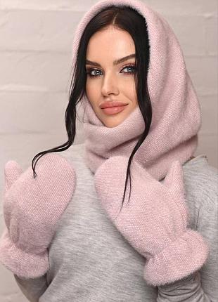 Розовый ангоровый комплект с перчатками «селин»  на флисе