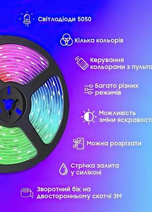 Світлодіодна led стрічка rgb 5 метрів smd 5050, з пультом2 фото