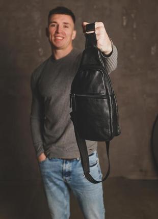 Мужская черная кожаная сумка слинг из натуральной кожи, сумка через плечо2 фото