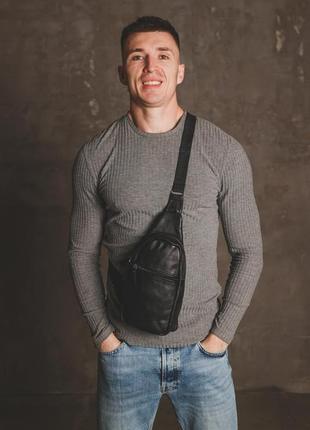 Мужская черная кожаная сумка слинг из натуральной кожи, сумка через плечо3 фото