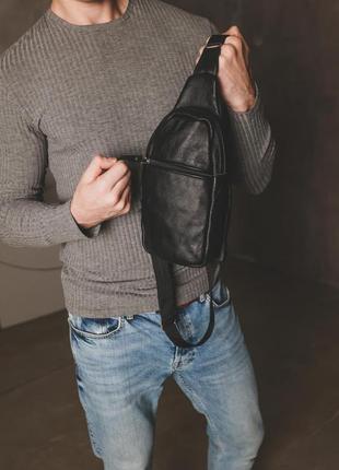 Мужская черная кожаная сумка слинг из натуральной кожи, сумка через плечо4 фото