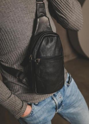 Мужская черная кожаная сумка слинг из натуральной кожи, сумка через плечо1 фото