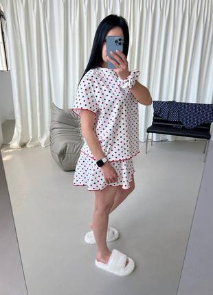 Піжама трійка з принтом сердечки з футболкою з вільними шортами з резинкою для волосся