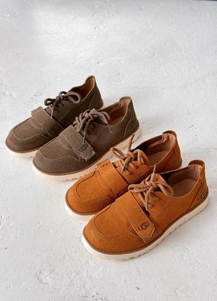 Туфли угги демисезонные замшевые хаки рыжие на шнуровке с липучкой 8677 8678