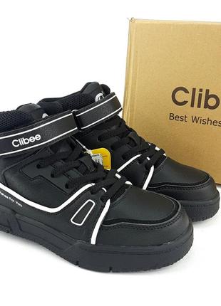 Kc510 black-white черевики хайтопи дитячі на хлопчика чорні з липучками black-white clibee
