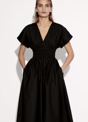 Цупка довга сукня плаття міді з кишенями v-виріз zara в стилі cos arket midi dress with pockets