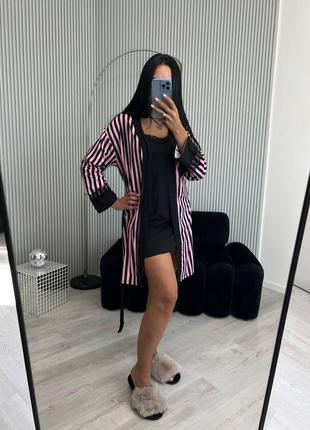 Комплект для дома и сна с принтом в полоску ночная рубашка с кружевом на бретелях с коротким халатом на запах