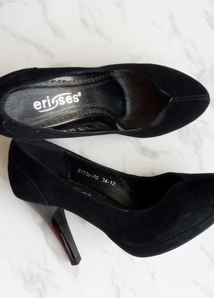 Натуральні замшеві чорні туфлі човники на шпильці шкіряні3 фото