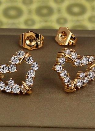Сережки гвоздики xuping jewelry сердечко обідок з крупними каменями 1,2 см золотисті