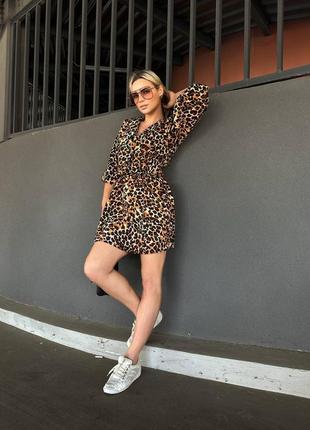 Женское летнее леопардовое короткое мини платье с воротничком Принт леопард4 фото