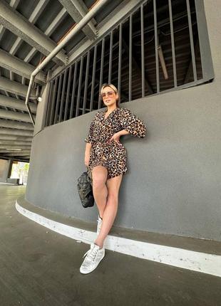 Женское летнее леопардовое короткое мини платье с воротничком Принт леопард5 фото