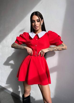Женское яркое красное короткое мини платье с белым воротничком рукава фонарики