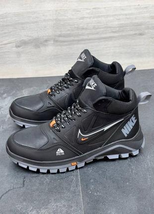 Мужские зимние высокие кроссовки с логотипом nike на меху натуральная кожа, спортивные зимние мужские кожаные ботинки в черном цвете
